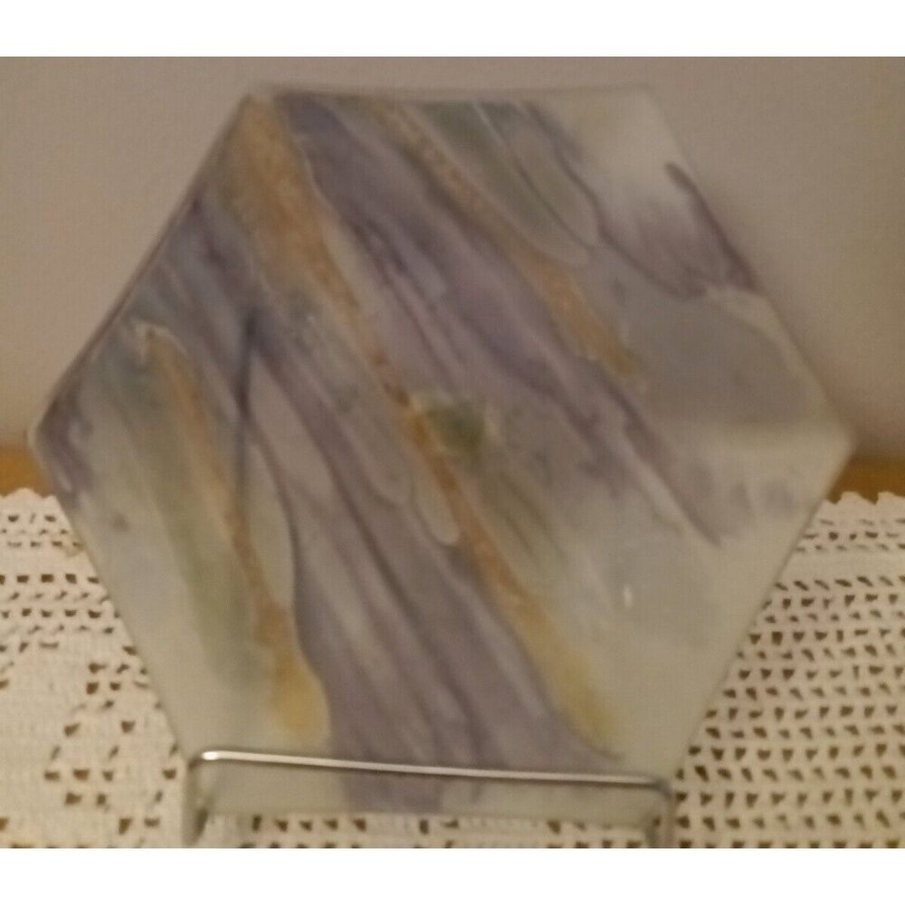 Reuven Nouveau Art Glass Hand Painted Candy Dish Trinket Hexagon Shape 7" X 6"